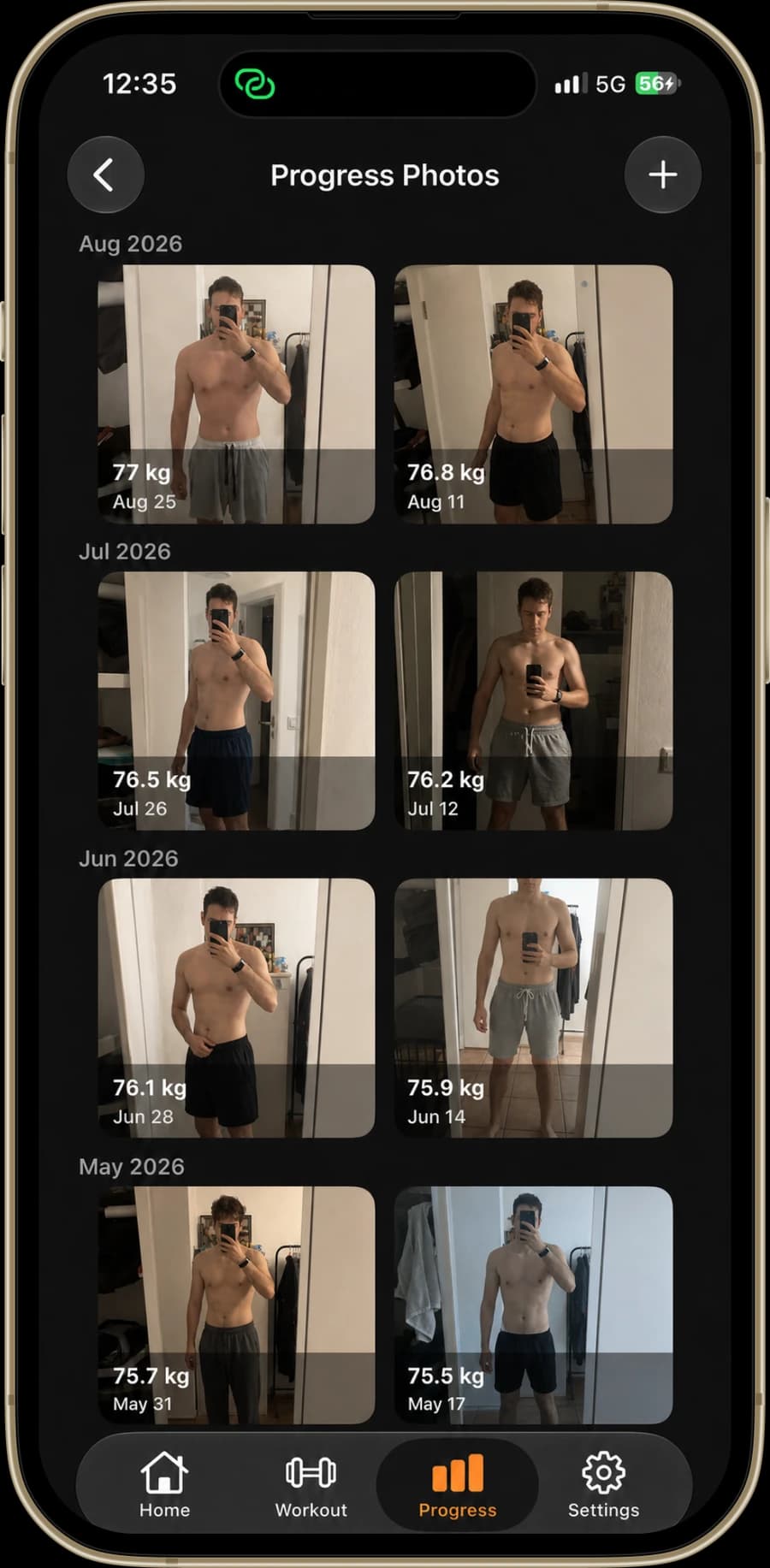 UBulk Progress Photos screen in an iPhone frame