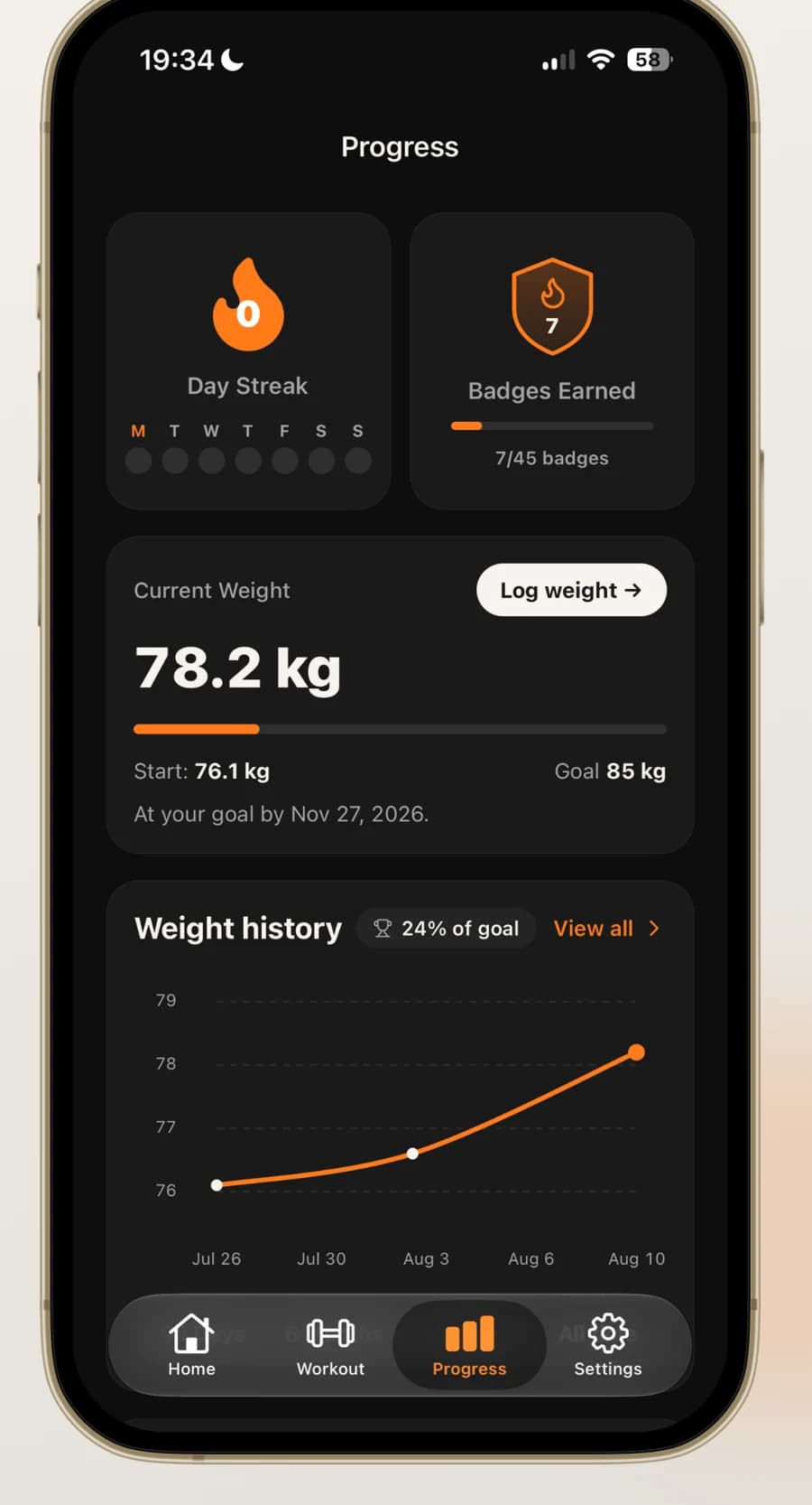 UBulk Progress screen showing weight history, check-ins, streaks and badges