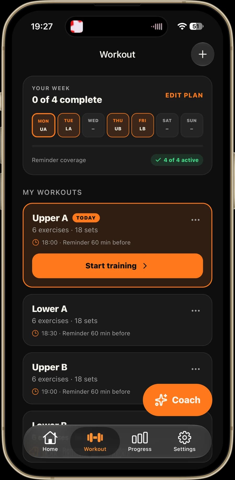 UBulk Workout screen in an iPhone frame