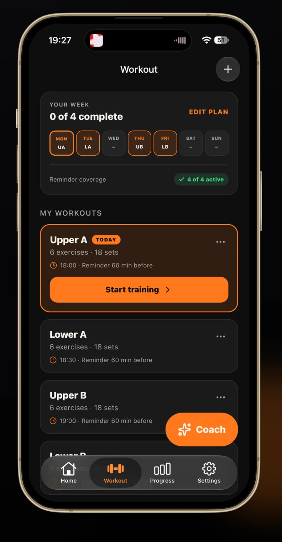 UBulk workout week, Upper and Lower training days, and Start training button